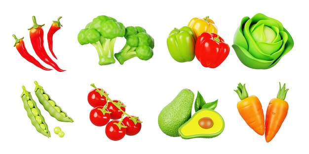 Verdure e frutta isolate set di icone di rendering 3D cibo sano organico pomodoro fresco ciliegio su ramo carota avocado broccoli piselli verdi cavolo colore peperoncino e peperoncinio rosso