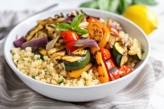 Verdure estive alla griglia mescolate con couscous in una ciotola