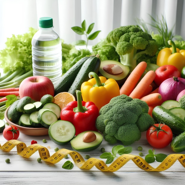 Verdure fresche, acqua salutare e nastro di misurazione su un tavolo bianco di legno