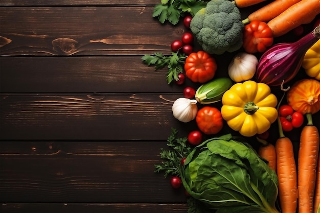 Verdure fresche adagiate sul tavolo in legno sfondo vista dall'alto piatto con spazio per la copia