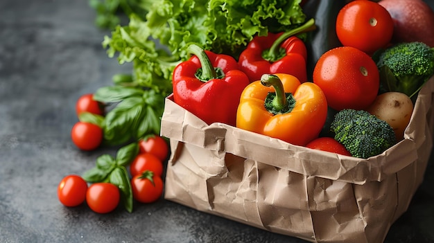 Verdure fresche biologiche in un sacchetto di carta marrone su una superficie scura cibo sano acquisto concetto di nutrizione colori vivaci vista ravvicinata AI