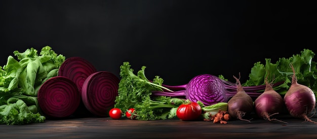 Verdure fresche come barbabietole e cavolo rosso porpora a fette poste su uno sfondo scuro con copia