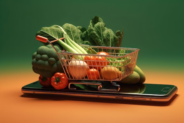 Verdure fresche con carrello su smartphone minimo su sfondo colorato AI generato