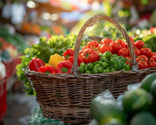 Verdure fresche di fattoria cesto rustico che mostra pratiche agricole sostenibili in un vivace mercato all'aperto impostando la profondità realistica dell'ora d'oro dell'effetto bokeh del campo