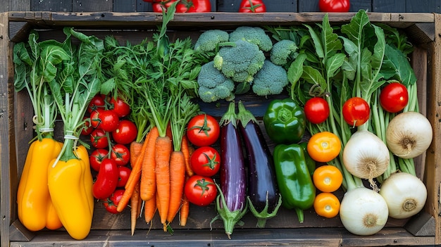 Verdure fresche e biologiche in una cassa di legno Un assortimento colorato di prodotti crudi Concept di cibo sano