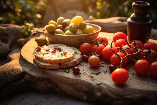 Verdure fresche e pane sul tavolo in natura Picnic vegetariano