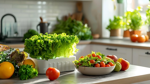 Verdure fresche in ciotola su tavola in cucina Concetto di cibo sano