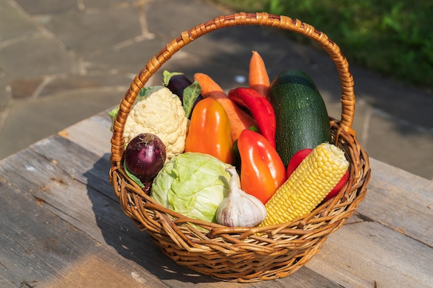 Verdure fresche in un cesto in un giardino estivo in una casa di campagna