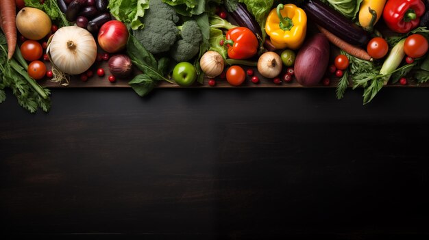 Verdure fresche Ingredienti vegetariani per la cottura su fondo di legno rustico scuro