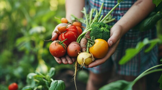 Verdure fresche nelle mani di un uomo e di un bambino attenzione selettiva IA generativa