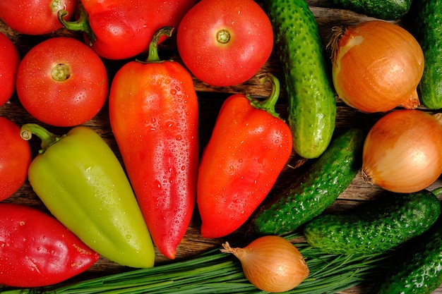 Verdure fresche, pomodori, cetrioli, peperoni e cipolle.