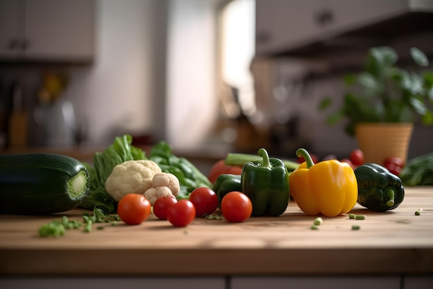 Verdure fresche pronte per la cottura preparazione per una cucina sana su un tavolo di legno all'interno rustico della cucina AI generato