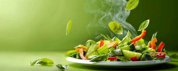 Verdure fresche su un piatto con vapore Concetto di alimentazione sana su uno sfondo verde