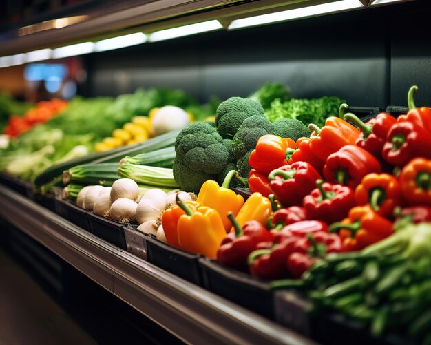 verdure fresche sul bancone in un supermercato concetto di abbondanza e alimentazione sana