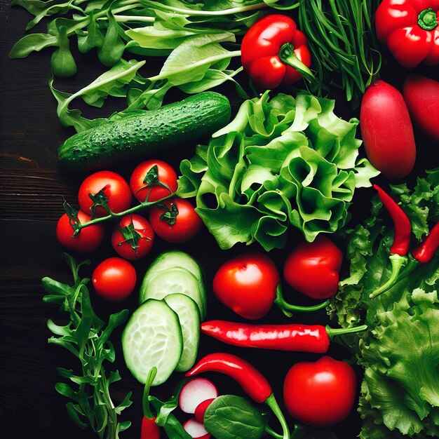 Verdure fresche verdi e rosse peperoni rossi ravanelli pomodori insalata verde sono su un tavolo di legno scuro disteso piatto