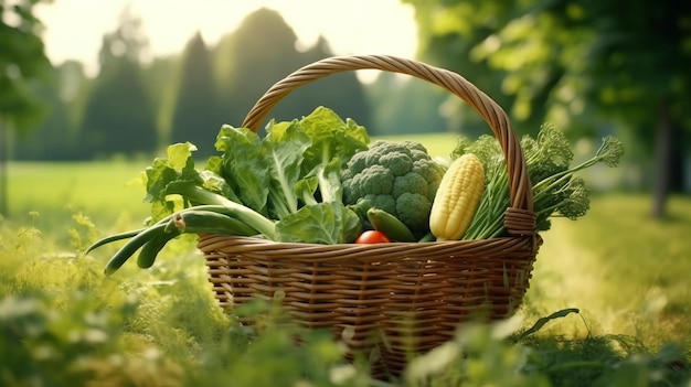 verdure fresche verdi miste in un grande cesto in campo piante verdi con fondo agricolo