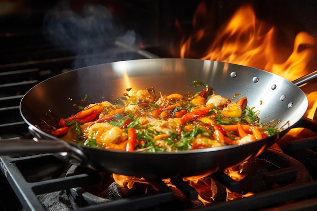 Verdure fritte in un wok tradizionale che emette aromi appetitosi