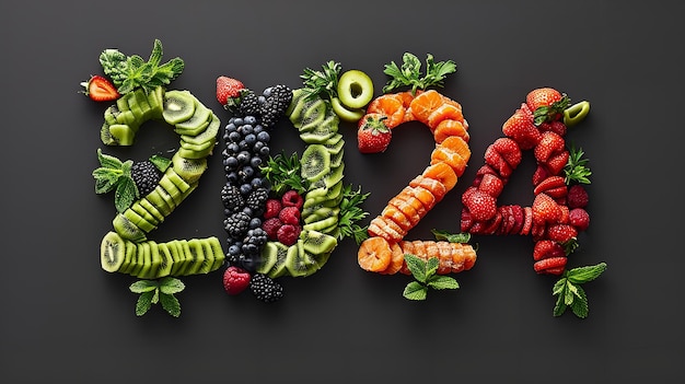 Verdure, frutta e pesce su uno sfondo nero simboleggiano l'anno 2024 fresco Generative AI