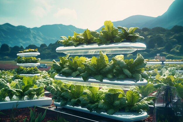 Verdure idroponiche Bounty in terreni agricoli Sfondo per l'agricoltura sostenibile