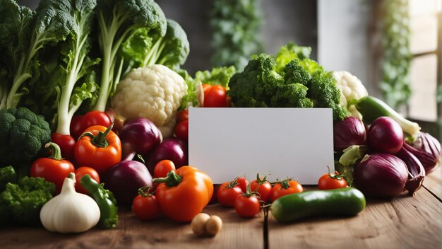 Verdure in superficie di legno con un cartello bianco vuoto per la pubblicità di alimentari