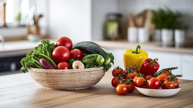 verdure in un cesto di viti sul bancone in un moderno banner pubblicitario di cucina