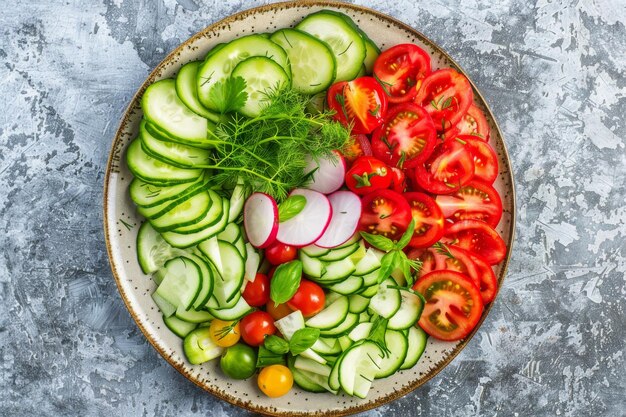 Verdure Insalata Vegana Piatto di cetrioli tagliati freschi Cipolle verdi Radiso Cherry Tomato