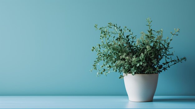 Verdure lussureggianti in un vaso bianco su uno sfondo blu