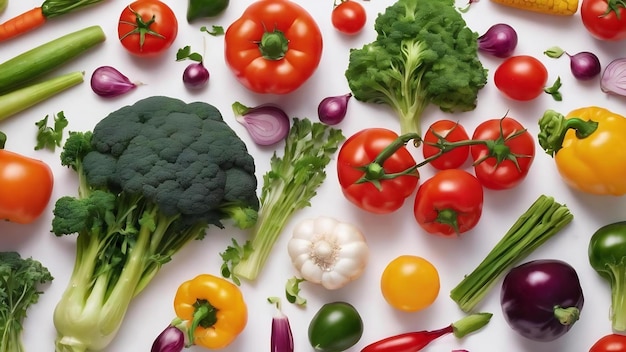 Verdure piatte su sfondo bianco concetto di cibo e dieta