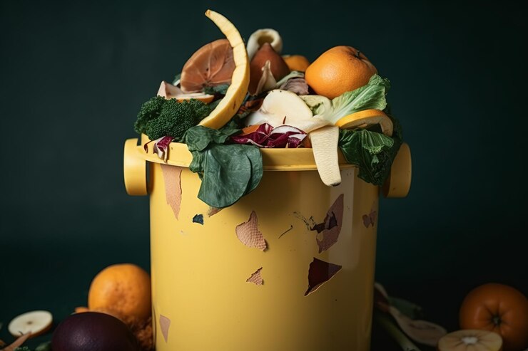 Verdure rovinate non mangiate e non utilizzate gettate nel contenitore della spazzatura Riduzione delle perdite e degli sprechi alimentari