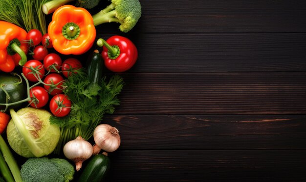 Verdure su sfondo di legno nero Banner di alimenti biologici vegetariani Ingrediente di cottura carota pomodori cetriolo pepe broccoli cipolla Vista dall'alto Copia spazio Creato con strumenti di intelligenza artificiale generativa