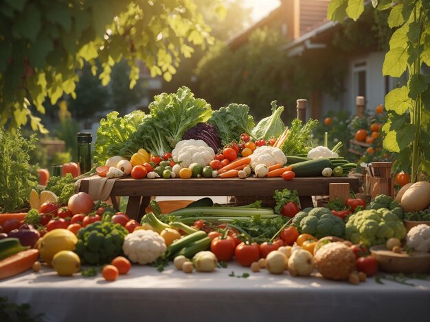 Verdure su un tavolo in un giardino sotto la luce del sole