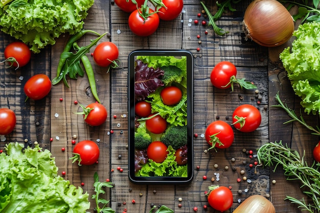 Verdure sullo schermo dello smartphone su un tavolo di legno con spezie e verdure fresche