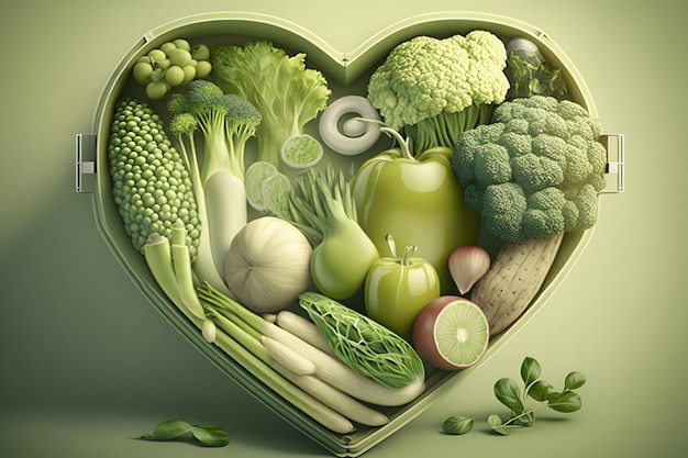 Verdure verdi a forma di cuore concetto vegano Rete neurale AI generata