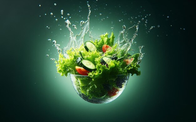 Verdure verdi in una ciotola di vetro Insalata di verdure con schizzi di succo Volando nell'aria e nell'acqua