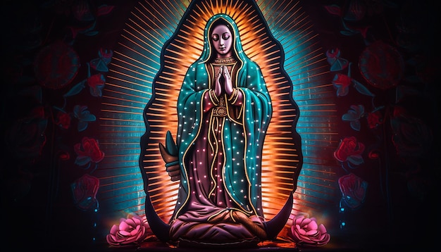 Vergine di Guadalupe luci al neon sfondo scuro