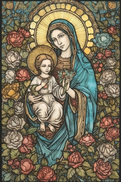 Vergine Maria con il bambino Gesù in una vetrata dipinta