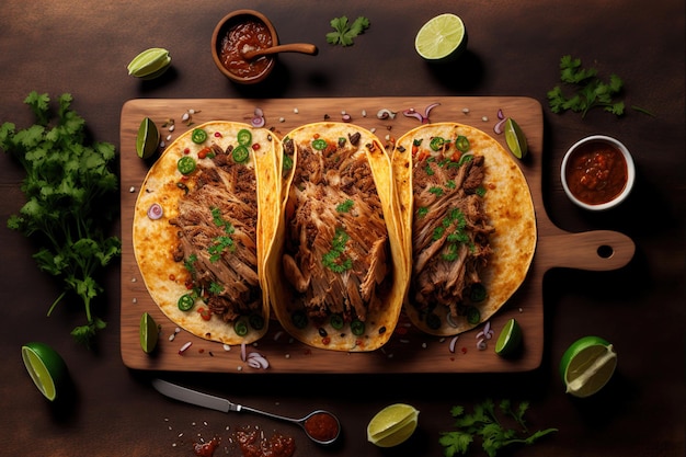 Veri tacos di pollo carnitas e barbacoa dal Messico tacos dal Messico su una tavola di legno vista dall'alto
