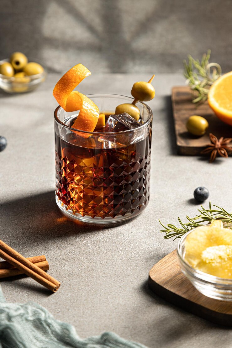 Vermouth cocktail con spuntini e ingredienti su fondo di cemento Formato verticale Tipico antipasto spagnolo