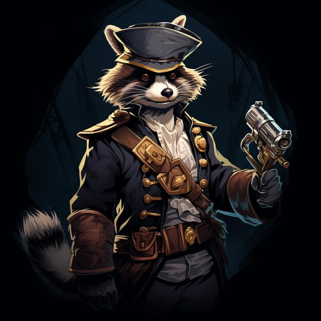 vernice di procione che indossa uniformi di pirati pistola in mano sfondo nero generativo Ai