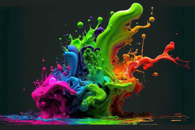 Vernice liquida che esplode nei colori dell'arcobaleno con spruzzi di intelligenza artificiale generativa