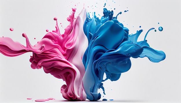 Vernici colorate blu e rosa che si fondono insieme su sfondo bianco Genera ai