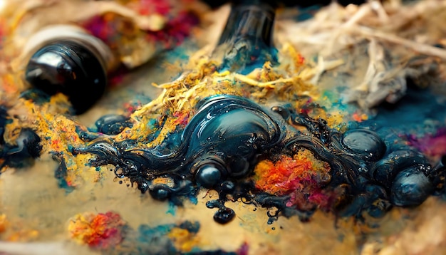 Vernici colorate versate sulla tavolozza dell'artista in studio macro
