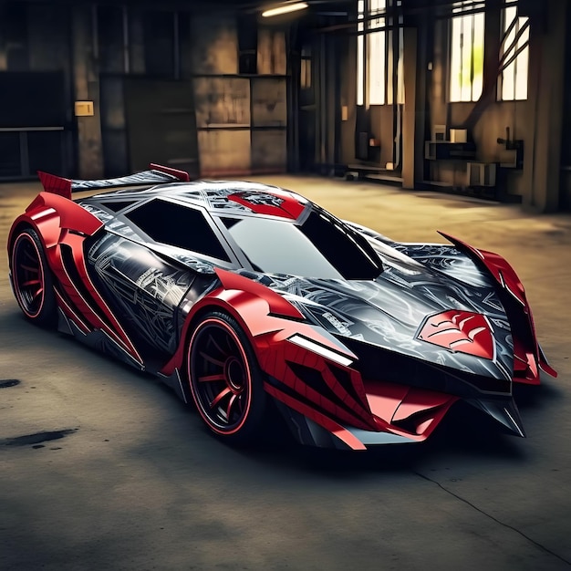 Verniciatura di supercar con colore rosso e nero nel garage realizzato con intelligenza artificiale generativa