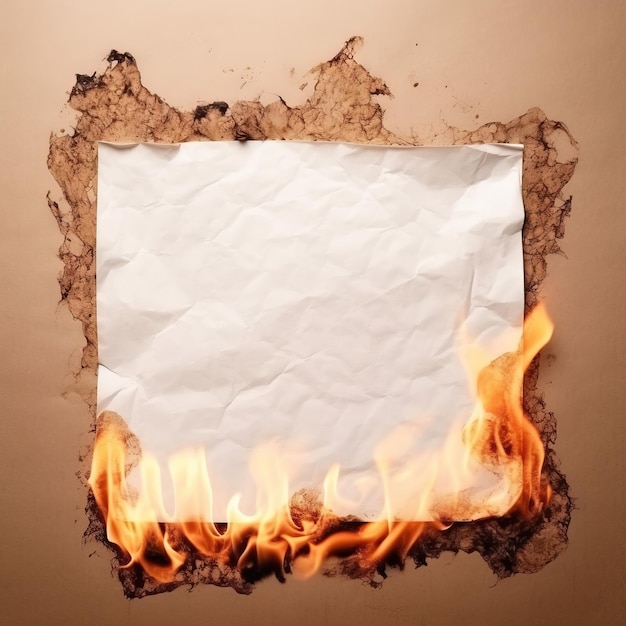 Vero foglio di carta bianco bruciato con fiamme vere Immagine generata ai di alta qualità su sfondo bianco