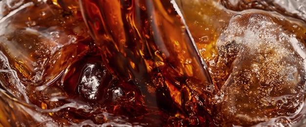 Versamento di Cola e Ice Cola soda e spruzzi di ghiaccio che spumeggiano o galleggiano fino alla sommità della superficie