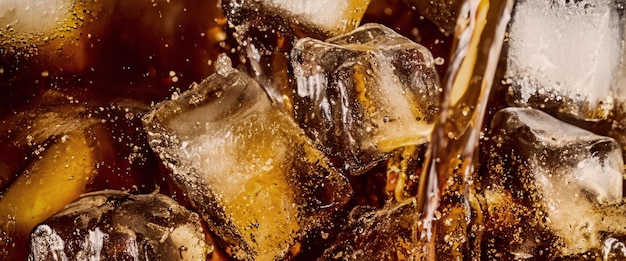 Versamento di Cola e Ice Cola soda e spruzzi di ghiaccio che spumeggiano o galleggiano fino alla sommità della superficie
