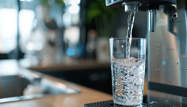 versare acqua in un bicchiere trasparente da un dispenser su uno sfondo di ufficio sfocato