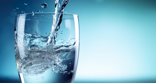 Versare acqua nel bicchiere su sfondo blu