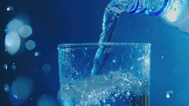 Versare acqua potabile pulita da una bottiglia blu in un bicchiere