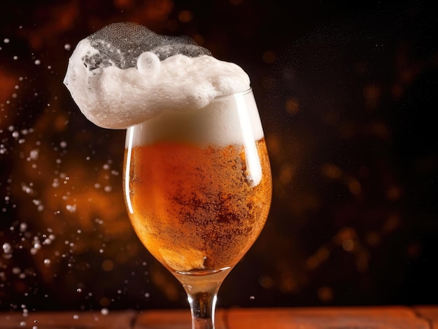 Versare birra con schiuma a bolle in vetro